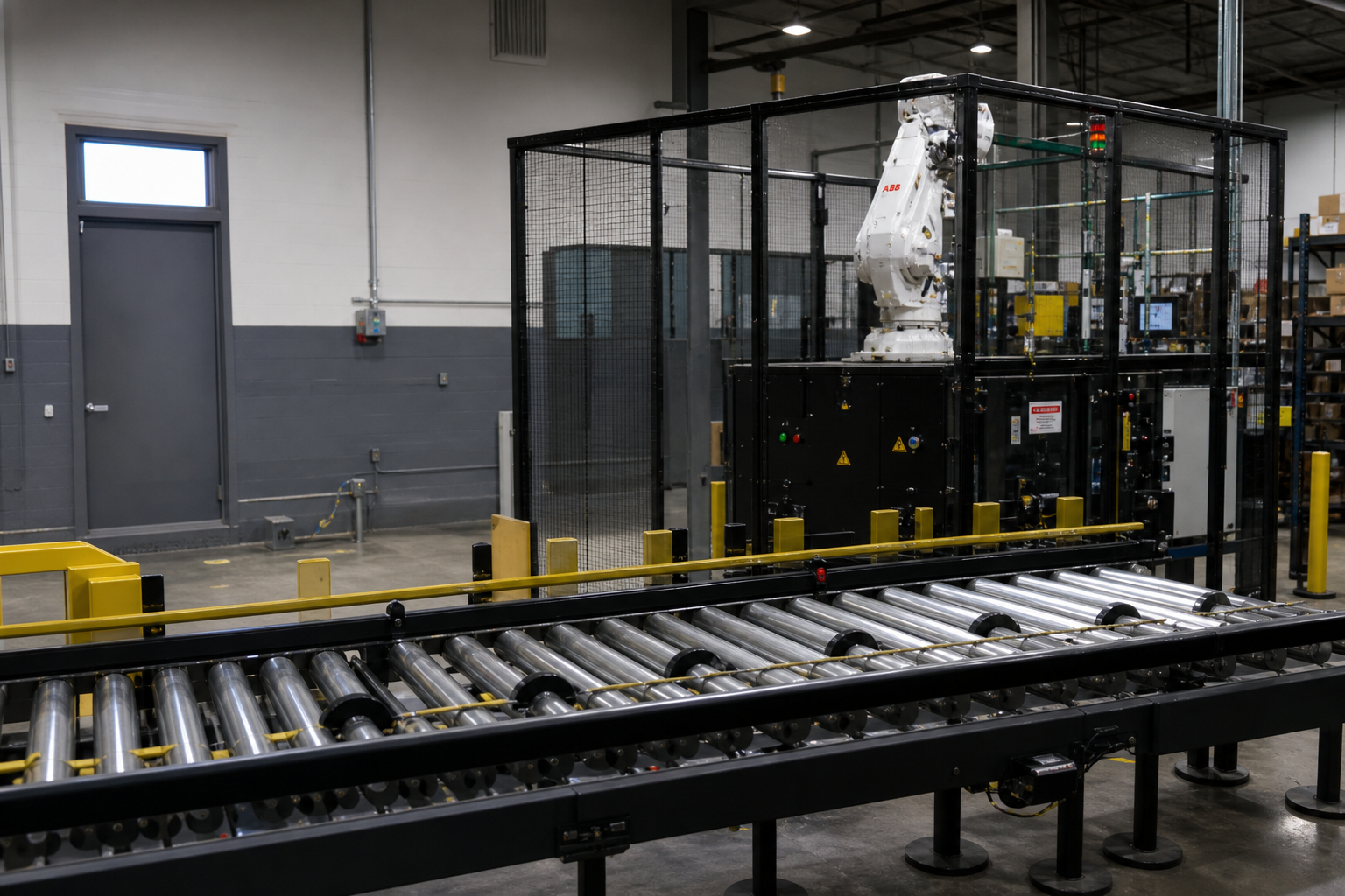 Caged industrial robot with conveyor — source image input